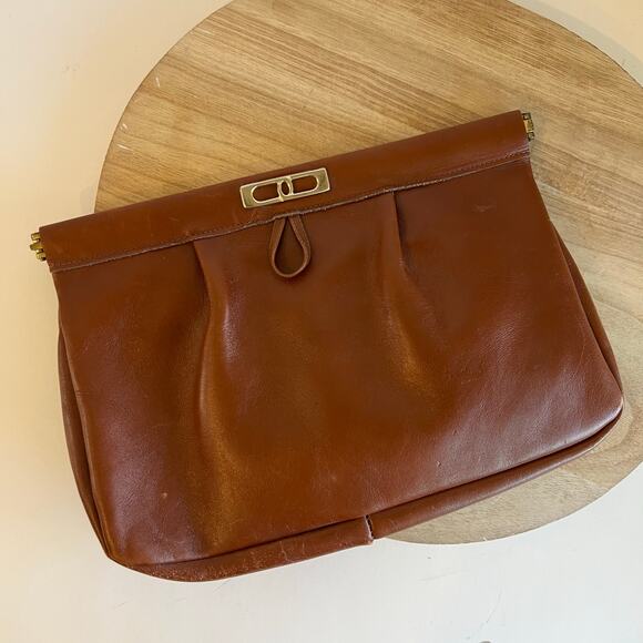 Vintage 90s Tan Genuine Leather Snap Closure Clutch Evening Bag - Picture 2 of 12